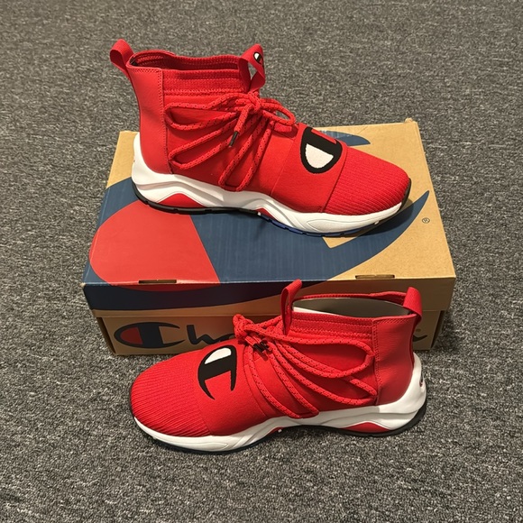 New Mens Champion Rally Hype Mid High Top Shoes Size 10.5 Scarlet Red & White - Picture 2 of 6